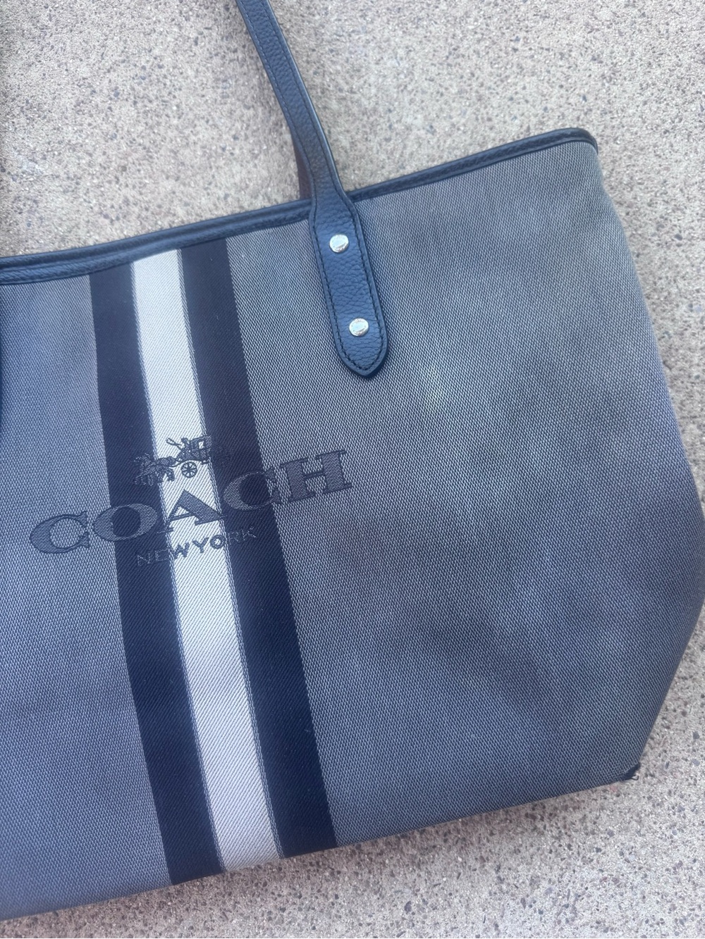 Coach Gray and Black Canvas Stripe Tote with Leather Handles - Picture 6 of 6